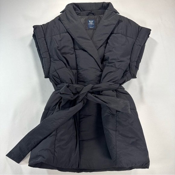 Gap Duvet Wrap Puffer Vest Women’s Medium Tall Tie Waist Black EUC - Picture 1 of 8